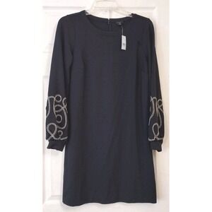 NWT Ann Taylor Dress Navy Blue Dress  Long Sleeved White Swirl Size Small Petite